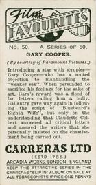 1938 Carreras Film Favourites #50 Gary Cooper Back