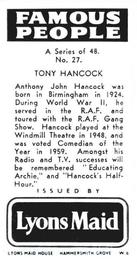 1962 Lyons Maid Famous People #27 Tony Hancock Back