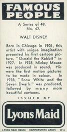 1962 Lyons Maid Famous People #42 Walt Disney Back