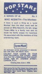1969 Lyons Maid Pop Stars #5 Mike Nesmith Back