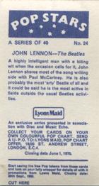 1969 Lyons Maid Pop Stars #24 John Lennon Back
