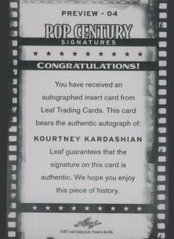 2011 Leaf Pop Century - Preview Autographs #Preview-04 Kourtney Kardashian Back