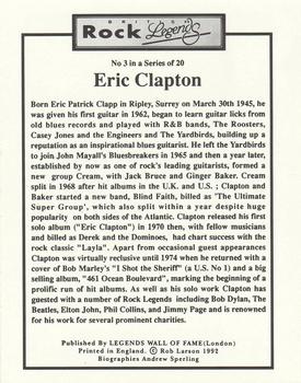 1992 Legends Wall of Fame British Rock Legends #3 Eric Clapton Back