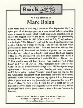 1992 Legends Wall of Fame British Rock Legends #4 Marc Bolan Back