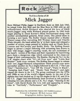 1992 Legends Wall of Fame British Rock Legends #8 Mick Jagger Back