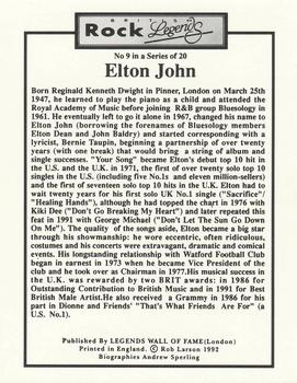 1992 Legends Wall of Fame British Rock Legends #9 Elton John Back