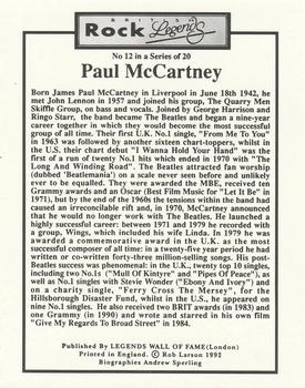 1992 Legends Wall of Fame British Rock Legends #12 Paul McCartney Back