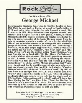 1992 Legends Wall of Fame British Rock Legends #14 George Michael Back