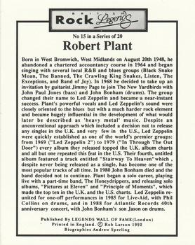 1992 Legends Wall of Fame British Rock Legends #15 Robert Plant Back