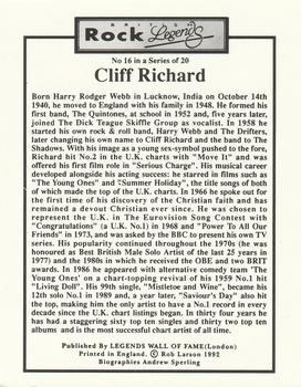 1992 Legends Wall of Fame British Rock Legends #16 Cliff Richard Back