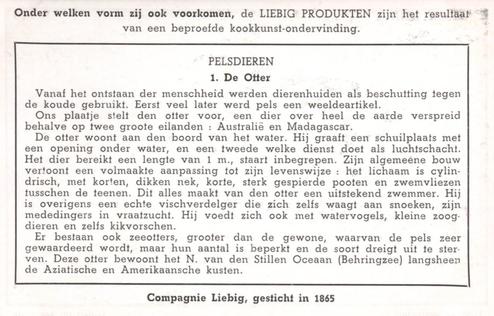 1941 Liebig Pelsdieren (Fur Animals) (Dutch Text) (F1425, S1486) #1 De Otter Back