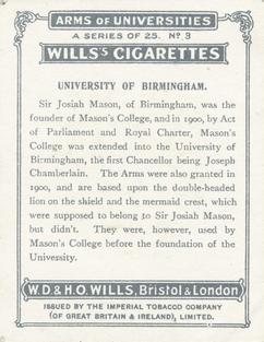 1923 Wills's Arms of Universities #3 University of Birmingham Back