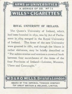 1923 Wills's Arms of Universities #14 Royal University of Ireland Back