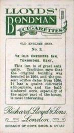 1923 Lloyds' Bondman Old English Inns #2 Ye Old Chequers Inn, Tonbridge, Back