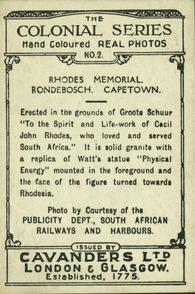1925 Cavanders The Colonial Series #2 Rhodes Memorial, Rondebosch, Capetown Back
