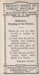 1927 Army Club Beauty Spots of Great Britain (Small) #5 Killarney.  Meeting of the Waters. Back