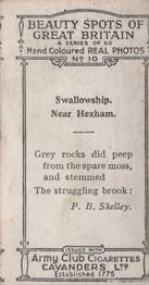 1927 Army Club Beauty Spots of Great Britain (Small) #10 Swallowship.  Near Hexham. Back