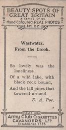 1927 Army Club Beauty Spots of Great Britain (Small) #22 Wastwater.  From the Crook. Back