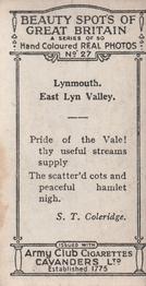 1927 Army Club Beauty Spots of Great Britain (Small) #27 Lynmouth.  East Lyn Valley. Back