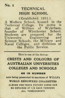 1929 Wills's Crests and Colours of Australian Universities, Colleges and Schools #1 Technical High School, Ultimo Sydney Back