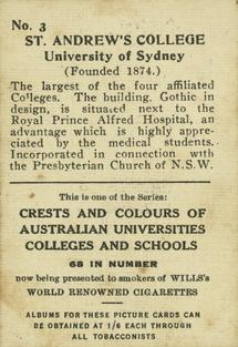 1929 Wills's Crests and Colours of Australian Universities, Colleges and Schools #3 St. Andrews College University, Sydney Back