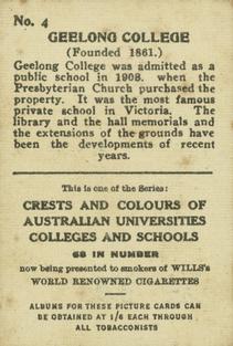 1929 Wills's Crests and Colours of Australian Universities, Colleges and Schools #4 Geelong College, Victoria Back