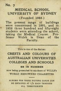 1929 Wills's Crests and Colours of Australian Universities, Colleges and Schools #7 Medical School, University of Sydney Back