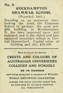 1929 Wills's Crests and Colours of Australian Universities, Colleges and Schools #8 Rockhampton Grammar School Back