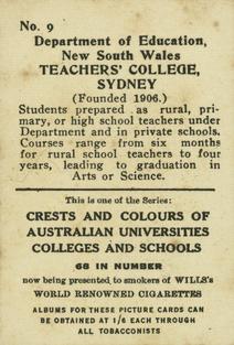 1929 Wills's Crests and Colours of Australian Universities, Colleges and Schools #9 Teachers' College, Sydney NSW Back
