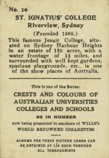 1929 Wills's Crests and Colours of Australian Universities, Colleges and Schools #10 St. Ignatius' College, Riverview Sydney Back