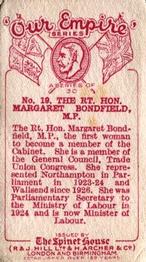 1929 Spinet House Our Empire (Small) #19 The Rt. Hon. Margaret Bondfield, M.P. Back