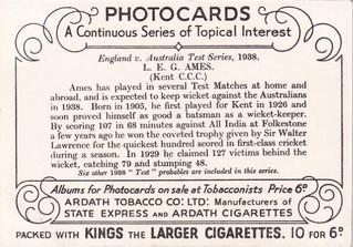 1938 Ardath Photocards Group E #NNO Leslie  Ames Back