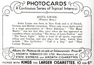 1938 Ardath Photocards Group E #NNO Anita Louise Back