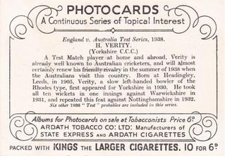 1938 Ardath Photocards Group E #NNO Hedley Verity Back