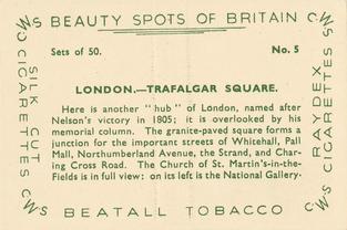 1936 Cooperative Wholesale Society (C.W.S) Beauty Spots of Britain #5 London - Trafalgar Square Back