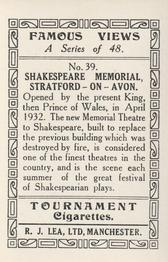 1936 R.J. Lea Famous Views #39 Shakespeare Memorial, Stratford-on-Avon Back