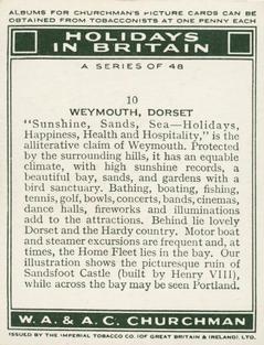 1938 Churchman's Holidays in Britian (Scene Only) #10 Sandsfoot Castle, Weymouth, Dorset Back