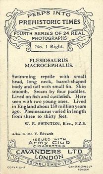 1930 Cavanders Army Club Cigarettes Peeps into Prehistoric Times #1Right Plesiosaurus Macrocephalus Back