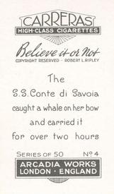1934 Carreras Believe it or Not #4 The S.S Conte de Savoia and the Whale Back