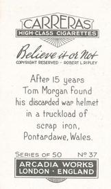 1934 Carreras Believe it or Not #37 Tom Morgan's War Helmet Back