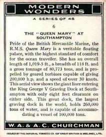 1938 Churchman's Modern Wonders #6 The Queen Mary at Southampton Back