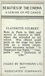 1939 Rothmans Beauties of the Cinema #NNO Claudette Colbert Back