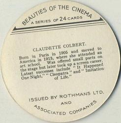 1939 Rothmans Beauties of the Cinema (Round) #NNO Claudette Colbert Back