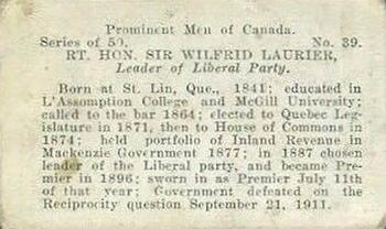 1912 Imperial Tobacco Co. of Canada (ITC) Canadian Historical Portraits #39 Sir Wilfrid Laurier Back