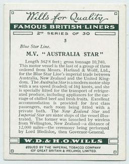 1935 Wills's Famous British Liners (2nd Series) #5 MV Australia Star Back