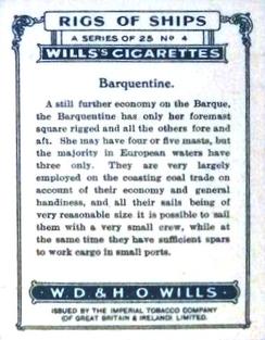 1929 Wills's Rigs of Ships #4 Barquentine Back