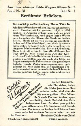 1930 Echte Wagner Beruhmte Brucken (Famous Bridges) Album 3 Serie 31 #1 Brooklyn-Brucke, New York Back