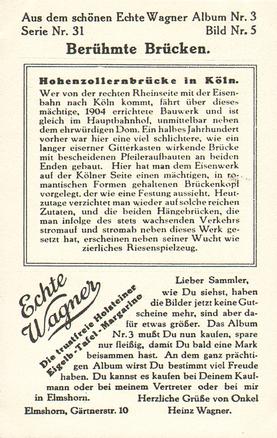 1930 Echte Wagner Beruhmte Brucken (Famous Bridges) Album 3 Serie 31 #5 Hohenzollernbrucke in Koln Back