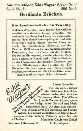 1930 Echte Wagner Beruhmte Brucken (Famous Bridges) Album 3 Serie 31 #6 Die Seufzerbrucke in Venedig Back