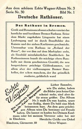 1930 Echte Wagner Deutsche Rathauser (German Townhalls) Album 3, Serie 30 #1 Das Rathaus in Bremen Back
